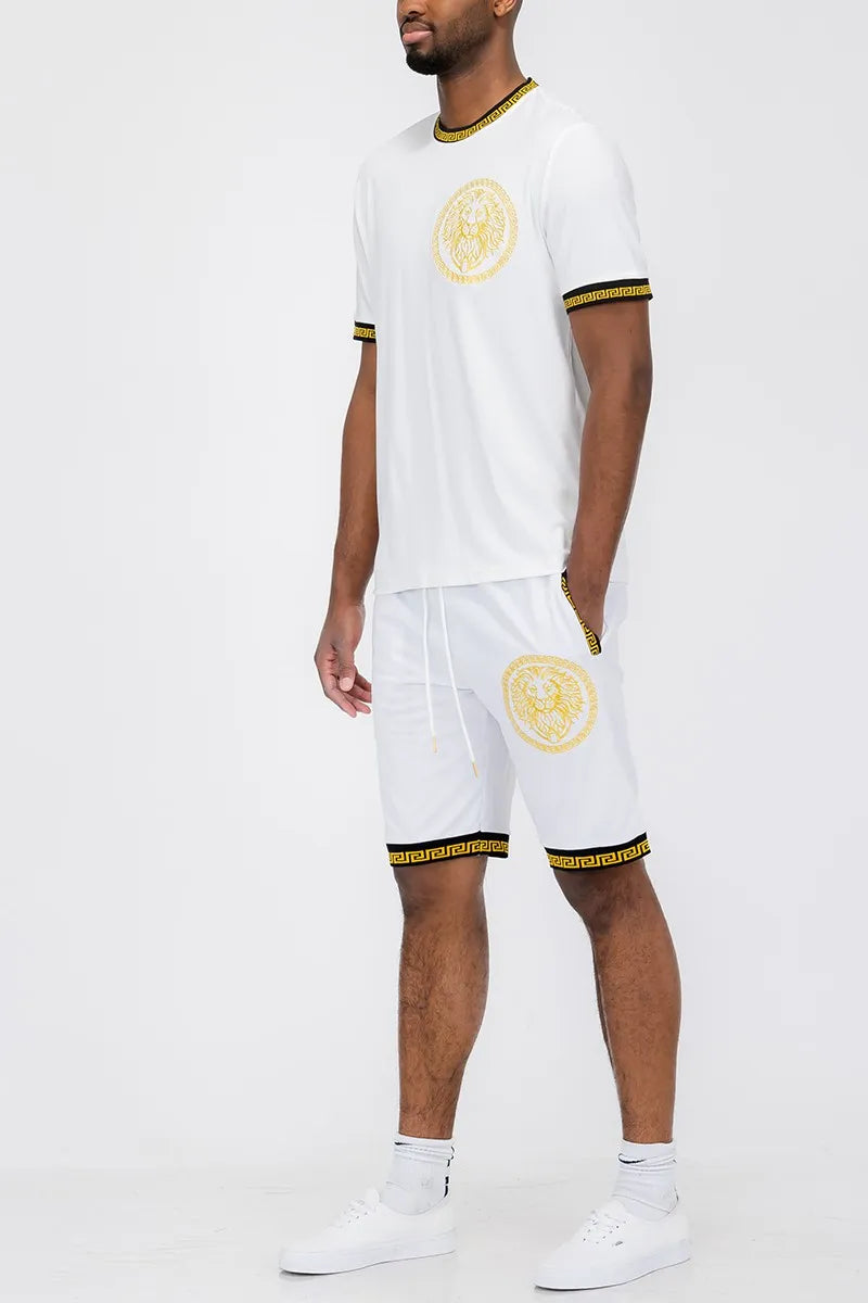 WEIV Men’s Full Size Lion Head Embroidery T shirt And Short Set Plus