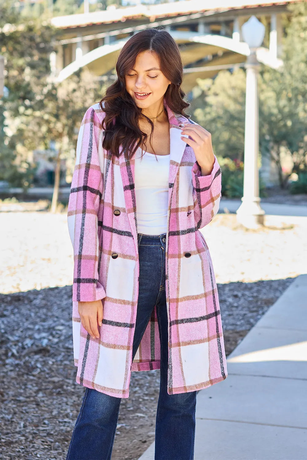 Double Take Full Size Plaid Button Up Lapel Collar Coat Carnation Pink / S
