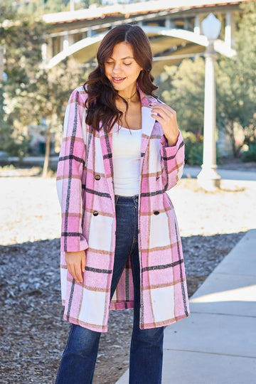 Double Take Full Size Plaid Button Up Lapel Collar Coat Carnation Pink / S
