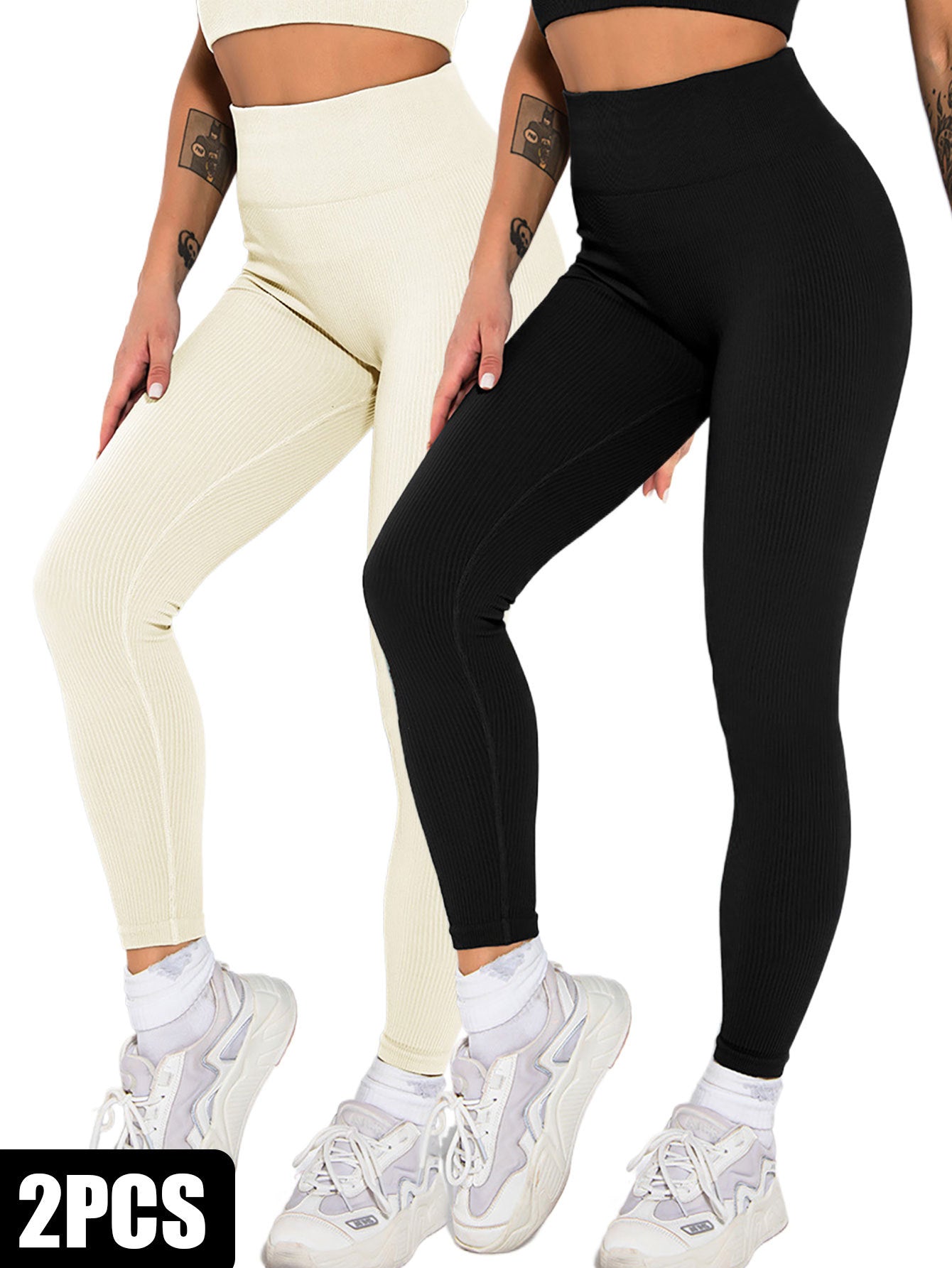 2 Pack Womens Seamless Ribbed Leggings Soft Slimming Yoga Pants High Waisted Gym Sport Women Fitness Female