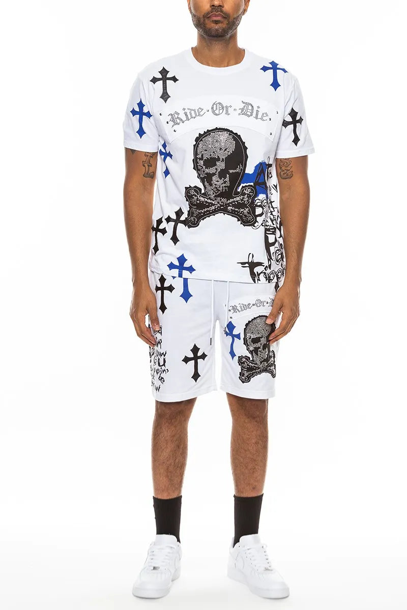 WEIV Men’s Full Size Cotton Print Chrome Cross Shirt and Short Set Plus WHITE BLUE / S