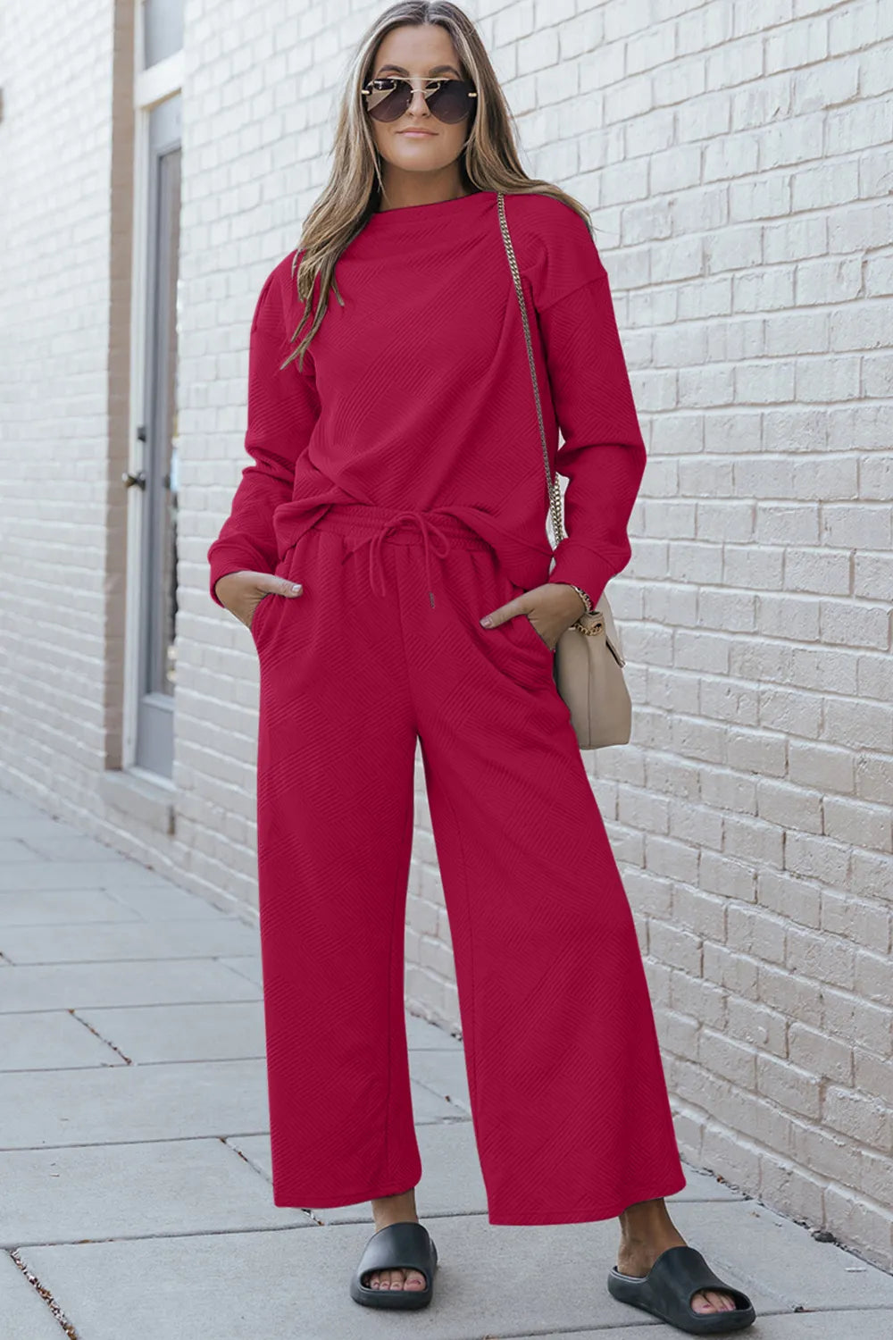 Double Take Full Size Textured Long Sleeve Top and Drawstring Pants Set Hot Pink / S