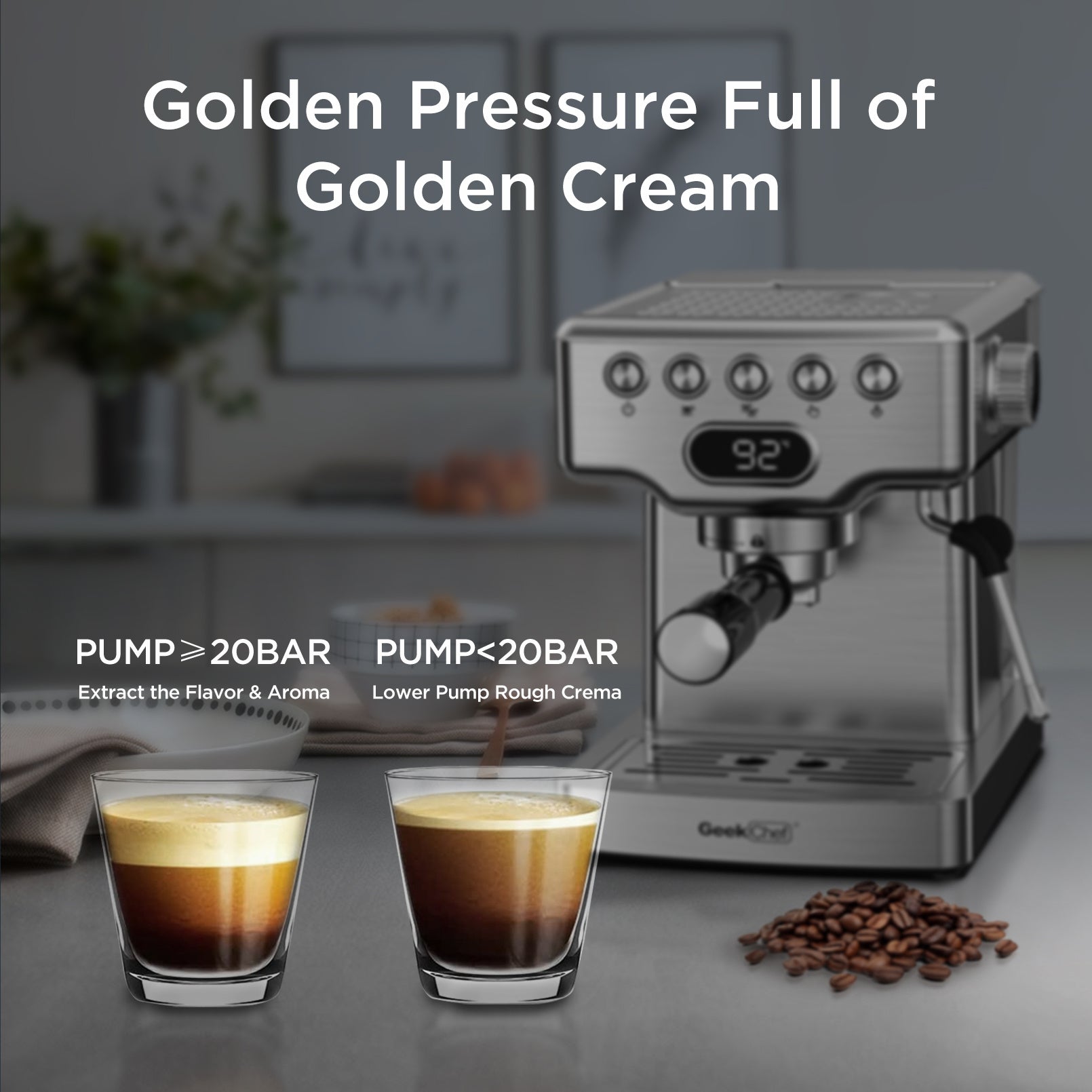 Geek Chef Espresso Machine 20 Bar With Milk Frother For Latte Cappuccino Macchiato Home Maker 1.8L Water Tank Stainless