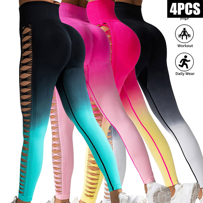 4 Pack Cut Out Ombre Gradient Color Hollow High waist Butt lifting Fitness Women’s Yoga Pants Waist Cutout Ripped Super