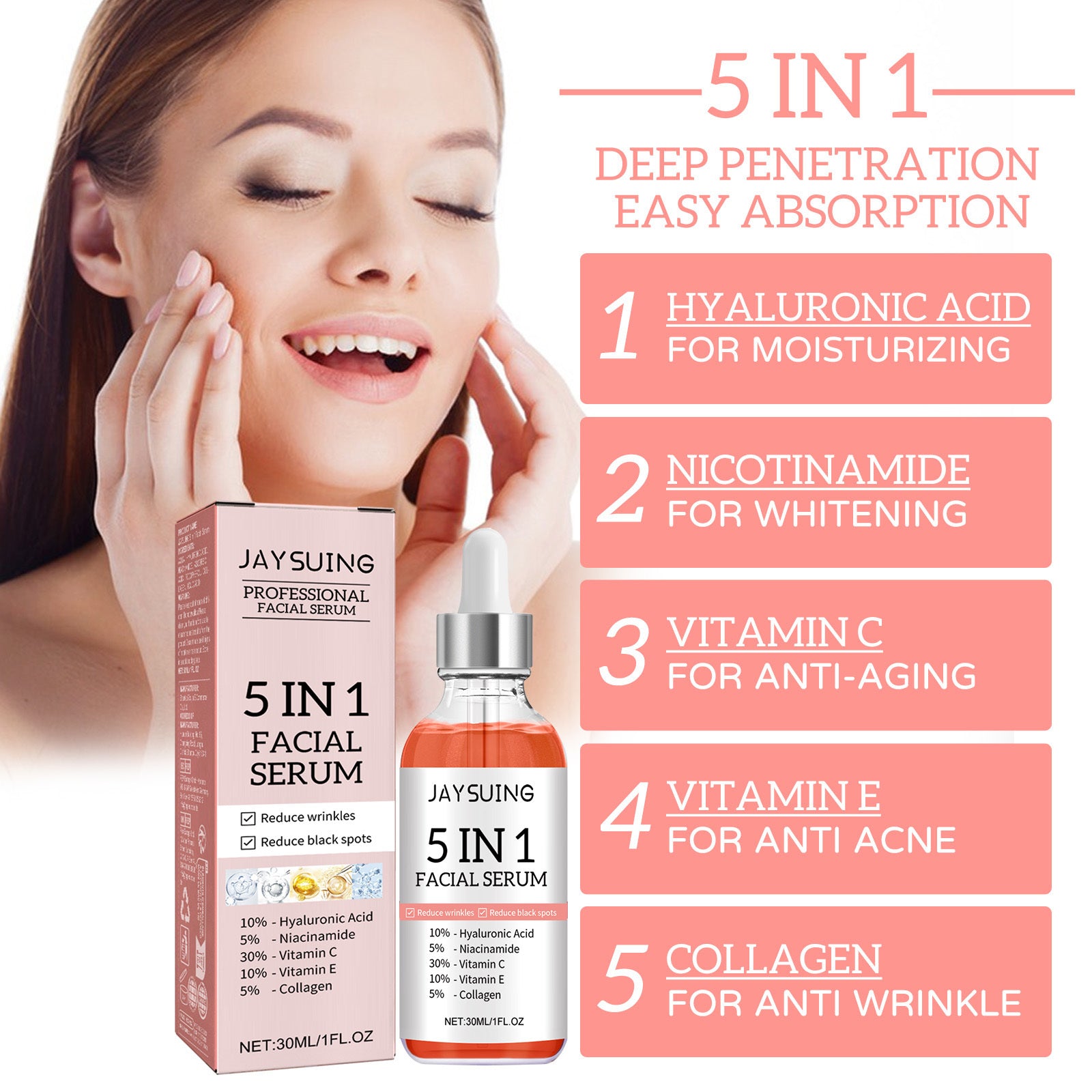 5 In 1 Facial Serum,30 Vitamin C Face Serum,Anti Aging Reduces Wrinkles Hydrating Collagen Serum