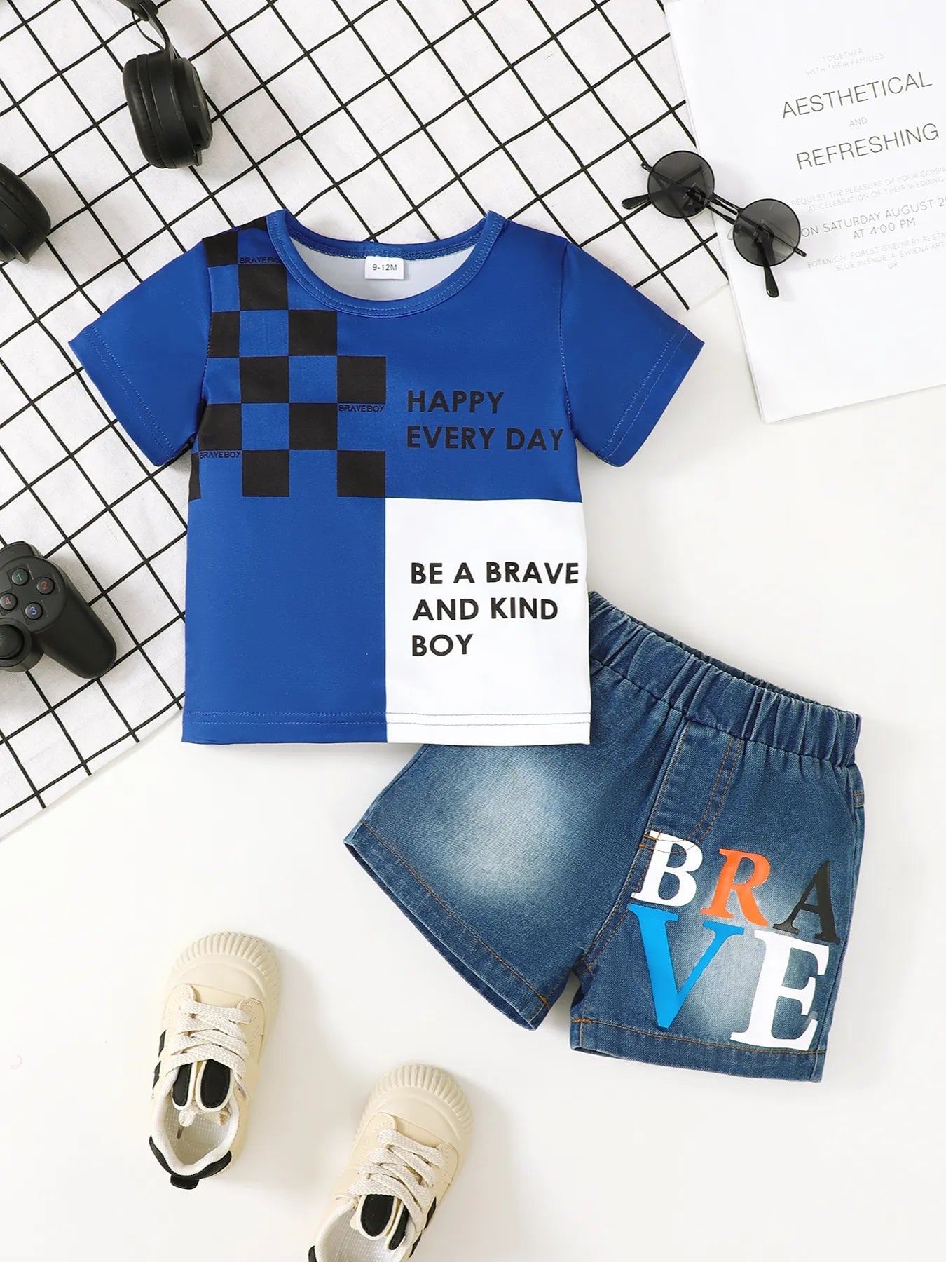 Children’s Letter Round Neck Top and Denim Shorts Set