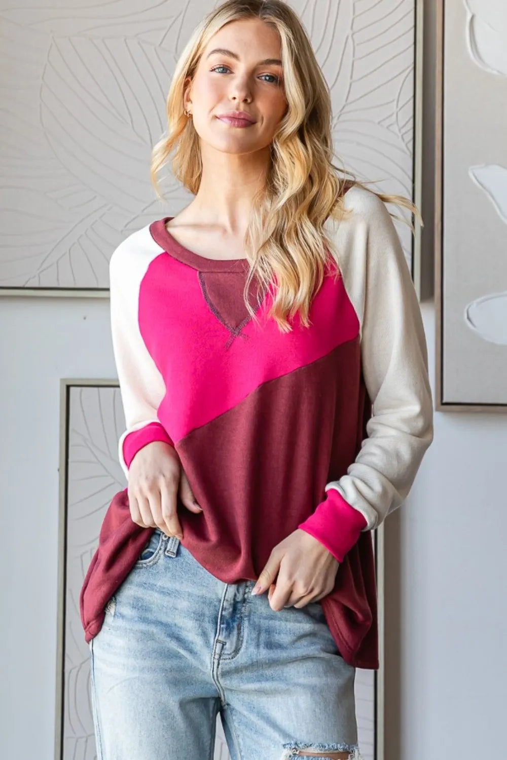HOPELY Color Block Long Sleeve T Shirt Hot Pink/Burgundy / S