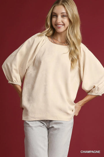 Umgee Side Slit 3/4 Sleeve Blouse CHAMPAGNE / S