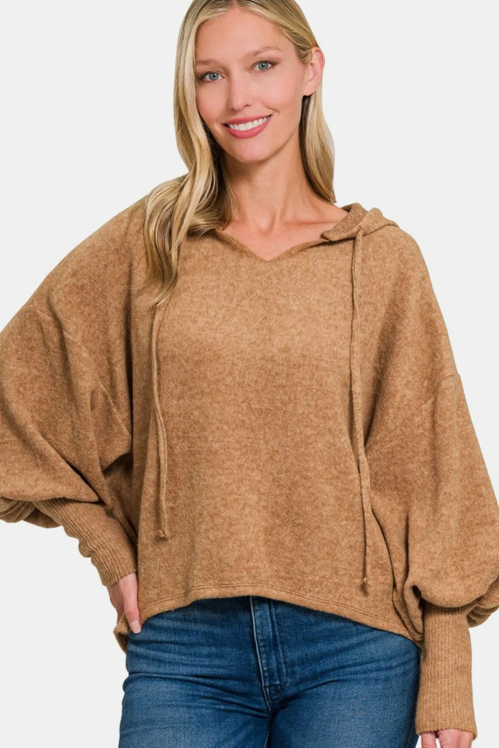 Zenana Brushed Hacci Drop Shoulder Cropped Hoodie Deep Camel / S/M