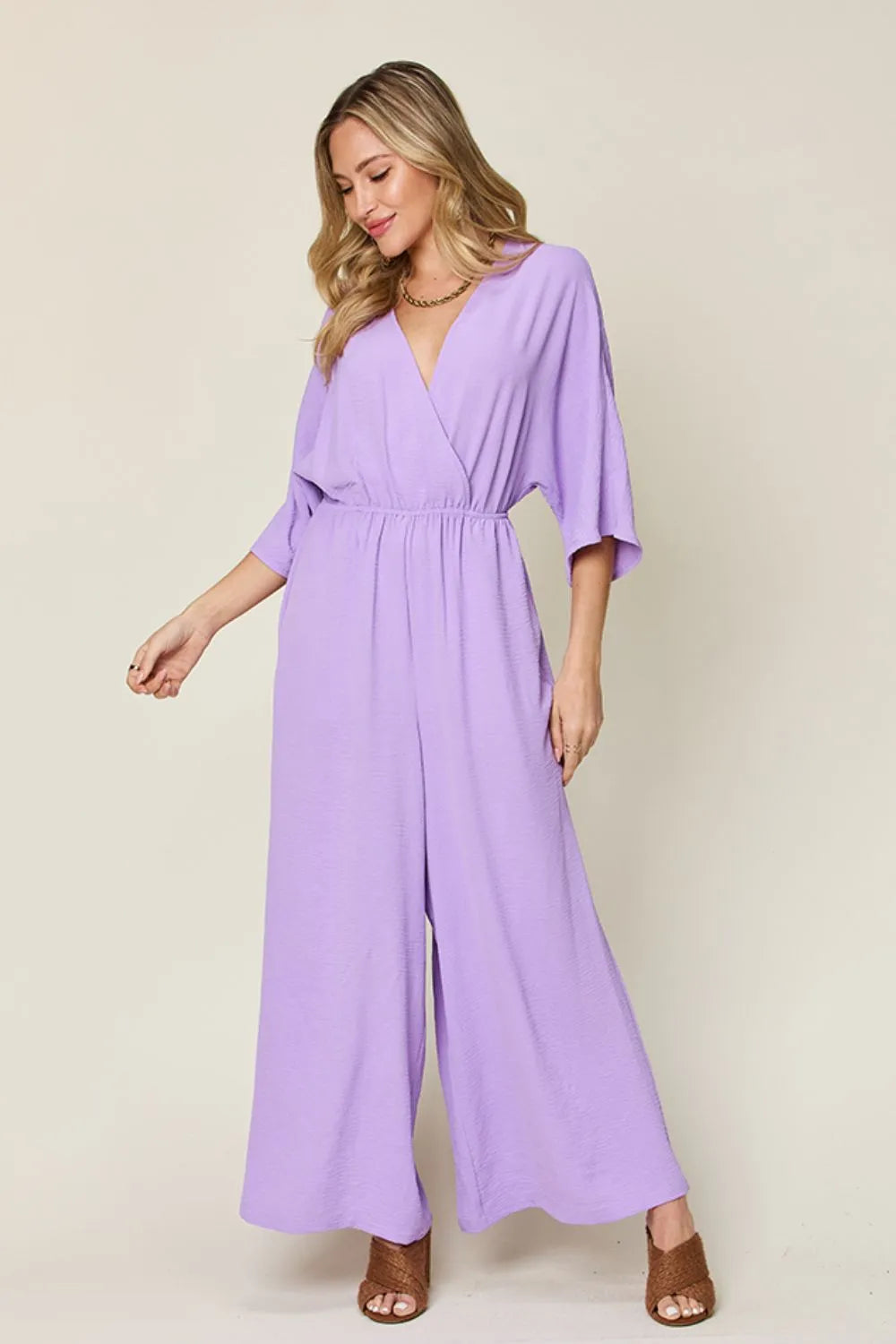 Double Take Full Size Surplice Wide Leg Jumpsuit with Pockets Lavender / S