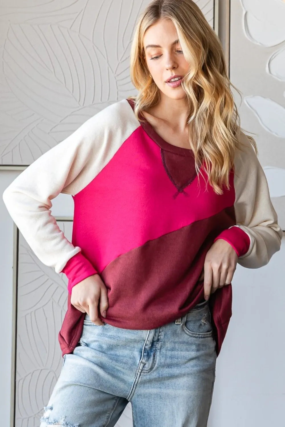 HOPELY Color Block Long Sleeve T Shirt