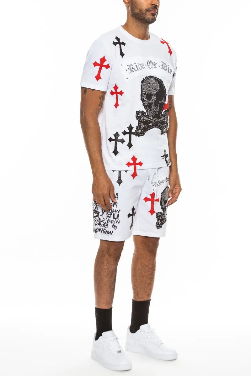 WEIV Men’s Full Size Cotton Print Chrome Cross Shirt and Short Set Plus