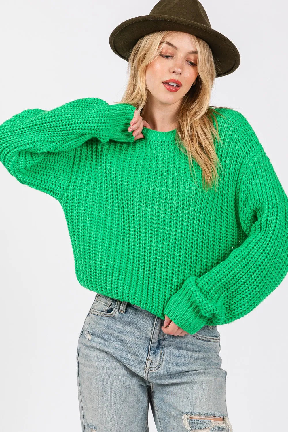 SAGE + FIG Round Neck Drop Shoulder Sweater Green / S