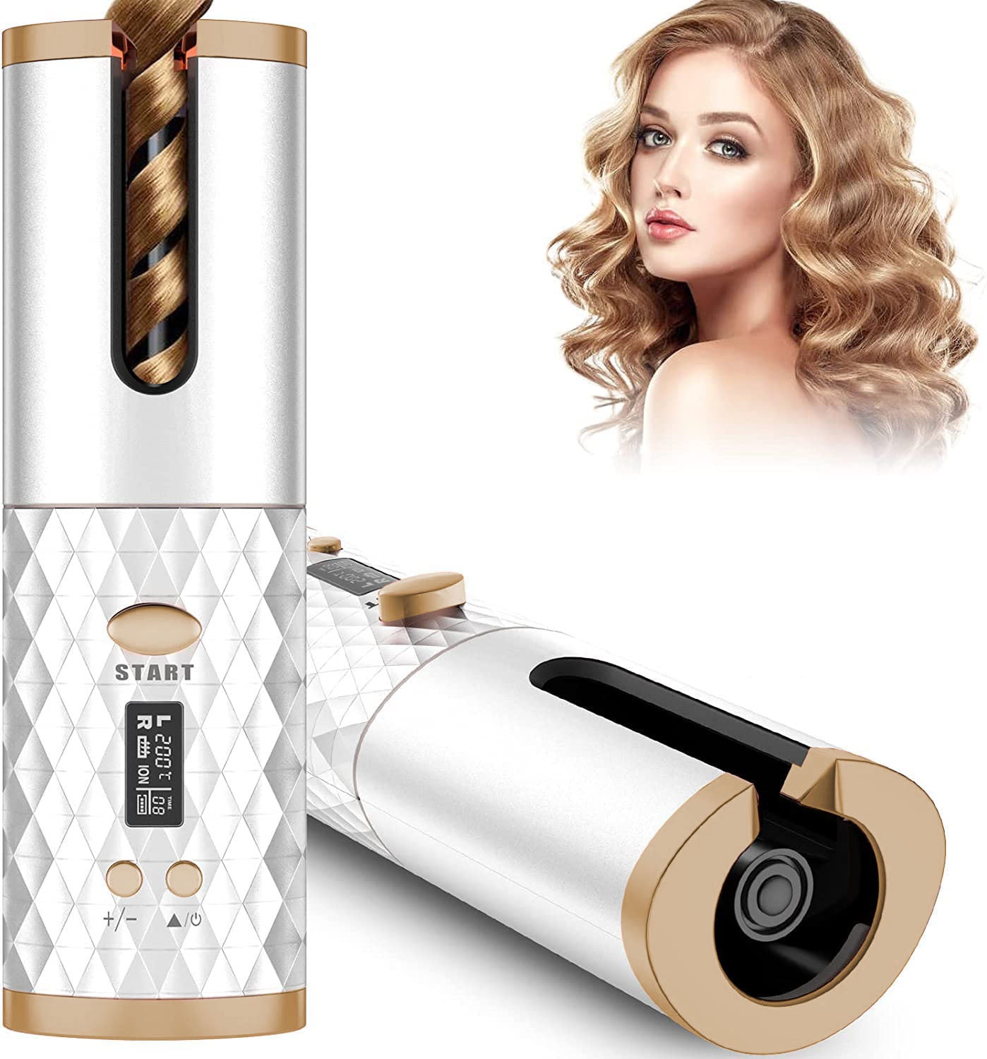 Portable Automatic Hair Curler Ceramic Rotating Wireless Auto Curling Iron Wand USB Rechargeable Spin For Styling White