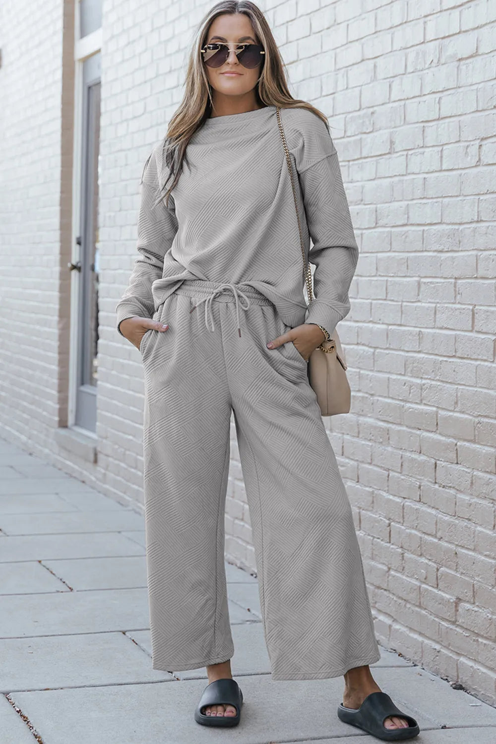 Double Take Full Size Textured Long Sleeve Top and Drawstring Pants Set Light Gray / S