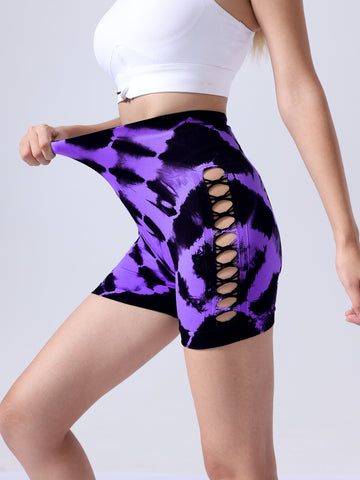 Women’s Tie dye Side Bow Hollow High Waist Hip Lifting Sports Fitness Yoga Shorts For Women Dye Workout Gym Scrunch