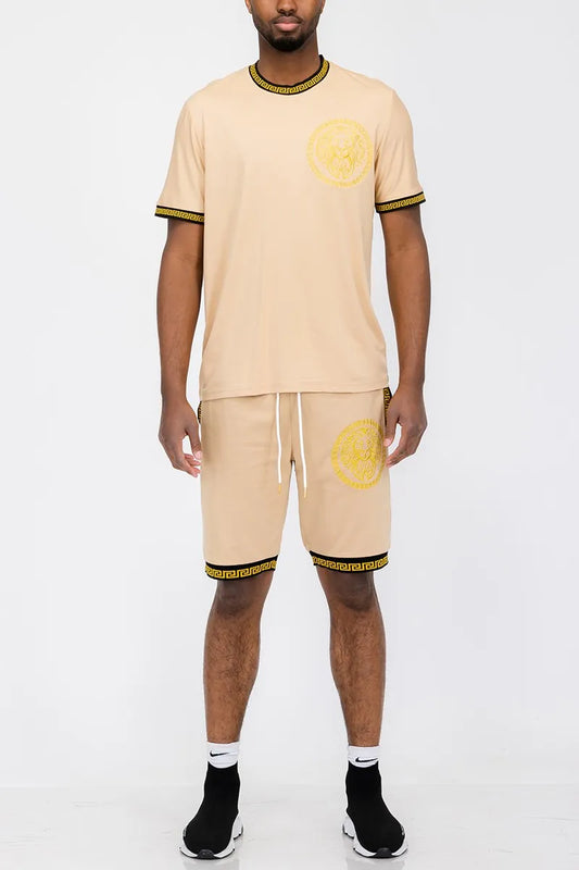 WEIV Men's Full Size Lion Head Embroidery T-shirt And Short Set Plus Size