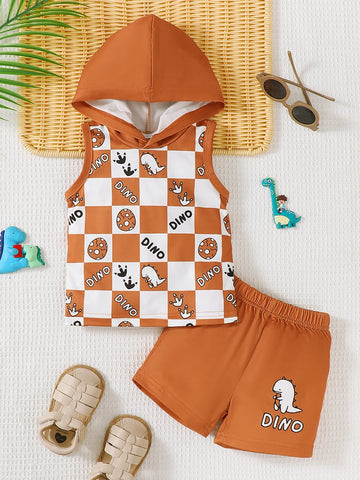 Children’s Dinosaur Checkered Sleeveless Hooded Top and Shorts Set Terracotta / 6 9M