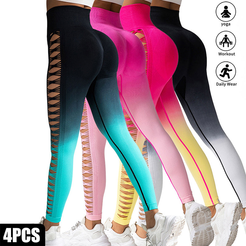 4 Pack Cut Out Ombre Gradient Color Hollow High waist Butt lifting Fitness Women’s Yoga Pants Waist Cutout Ripped Super