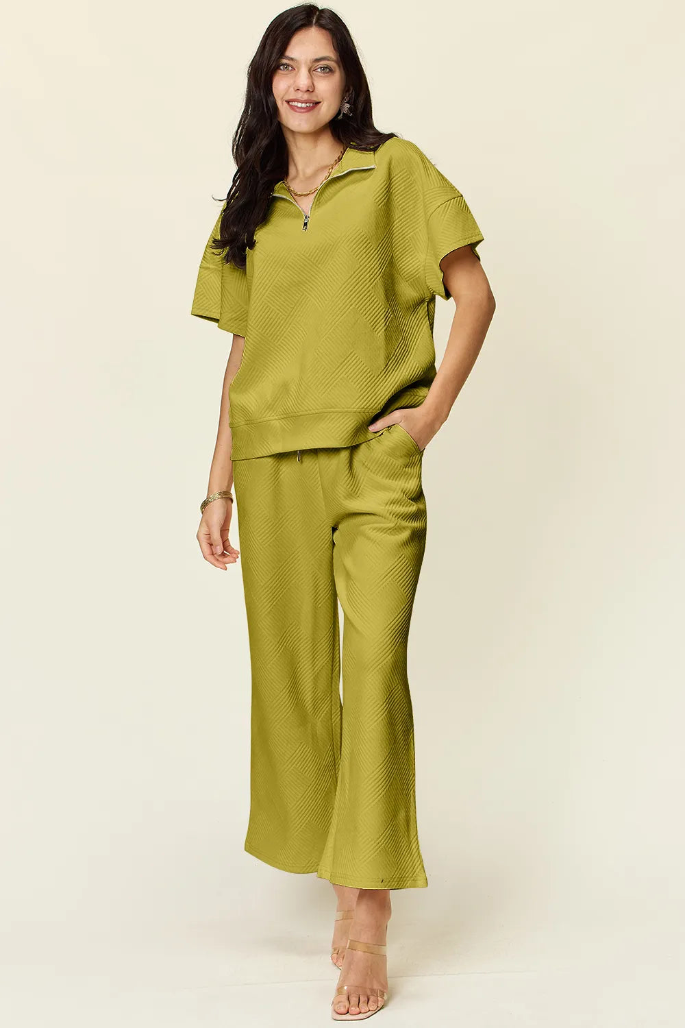Double Take Full Size Texture Half Zip Short Sleeve Top and Pants Set Olive / S