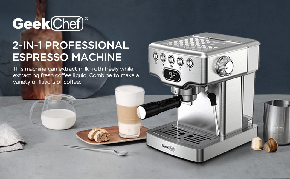 Geek Chef Espresso Machine 20 Bar With Milk Frother For Latte Cappuccino Macchiato Home Maker 1.8L Water Tank Stainless