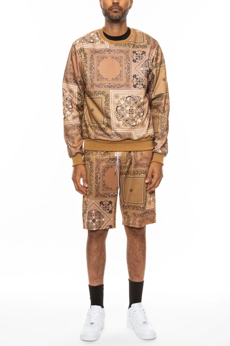 WEIV Men’s Full Size Paisley Bandana Print Sweatshirt and Shorts Set Plus KHAKI / S