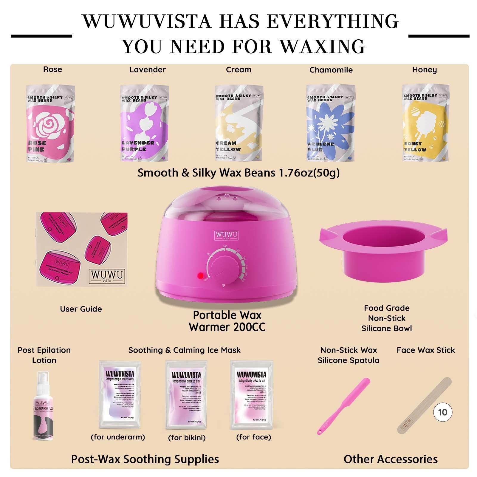 Waxing Kit WUWUVISTA 23 Items Hair Removal Wax With Warmer Beads For Face Brazilian Full Body Bikini Sensitiive Skin