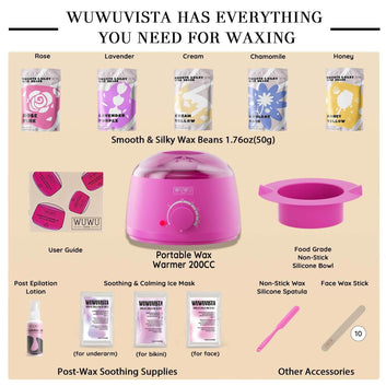 Waxing Kit WUWUVISTA 23 Items Hair Removal Wax Kit With Wax Warmer Waxing Beads For Face, Brazilian, Full Body, Bikini, Sensitiive Skin  Skin Suitable For Plugs Of American, European Specification