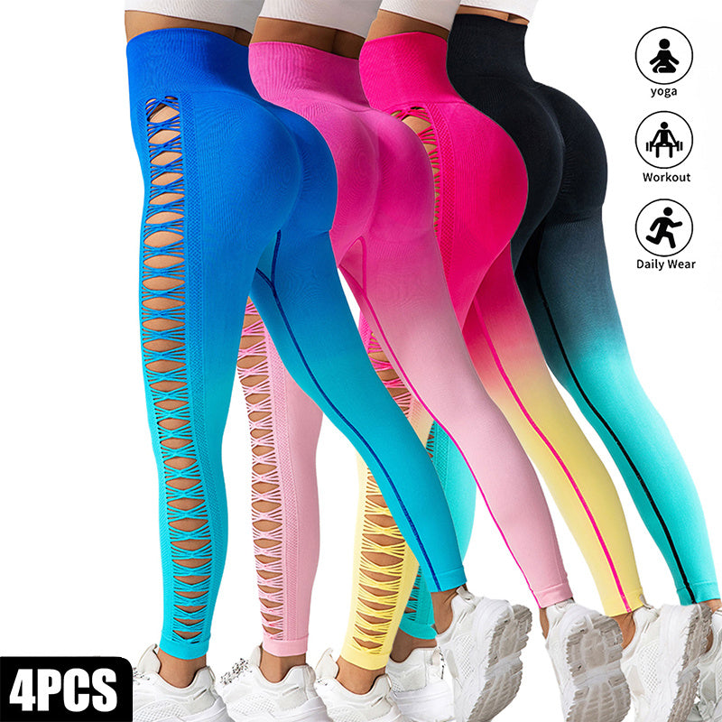 4 Pack Cut Out Ombre Gradient Color Hollow High waist Butt lifting Fitness Women’s Yoga Pants Waist Cutout Ripped Super