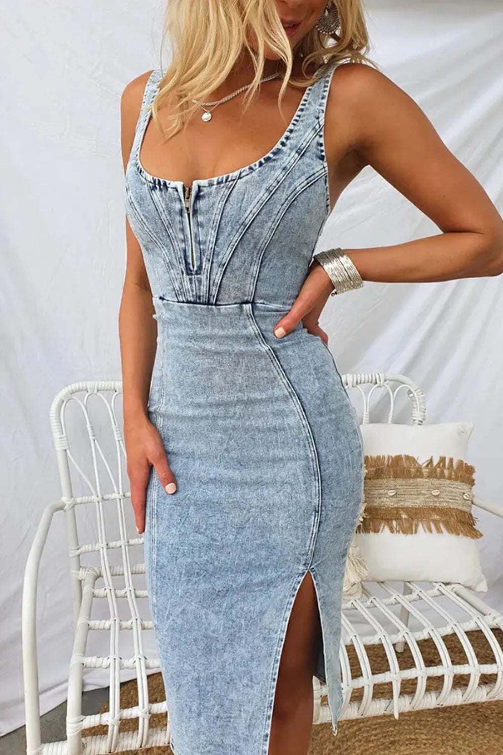 Side Slit Washed Scoop Neck Denim Dress Light Blue / S