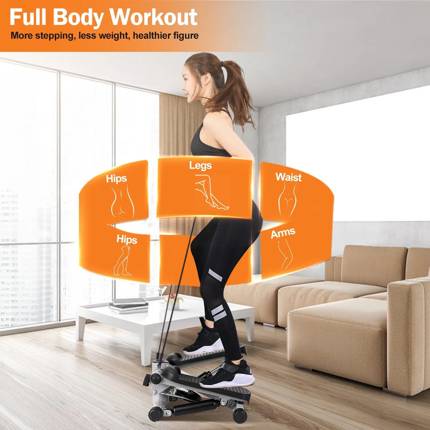 Exercise Stepper For Women Mini Fitness With 2 Resistance Bands LCD Monitor Max 330.7LBS Load Stair Quiet Grey