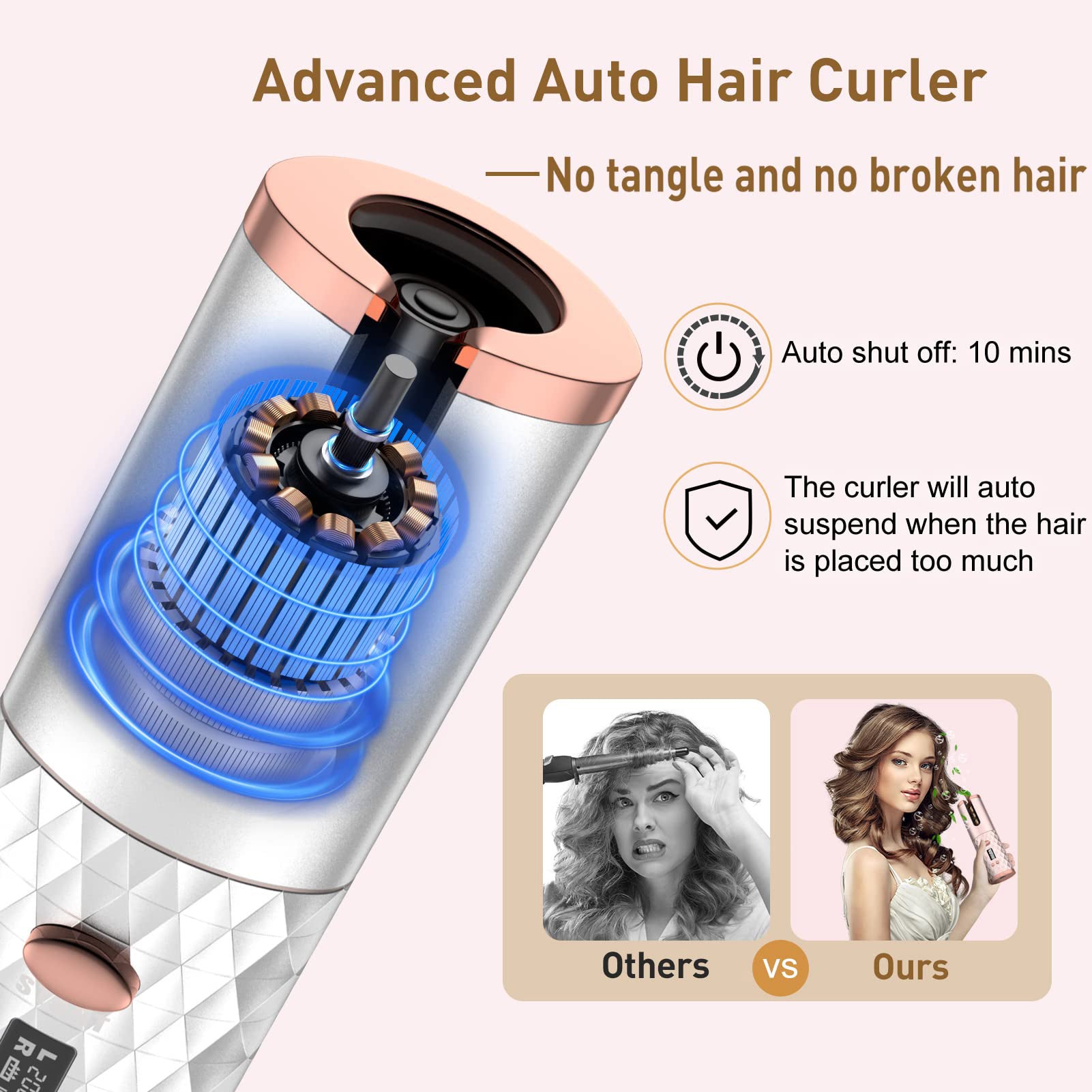 Portable Automatic Hair Curler Ceramic Rotating Wireless Auto Curling Iron Wand USB Rechargeable Spin For Styling