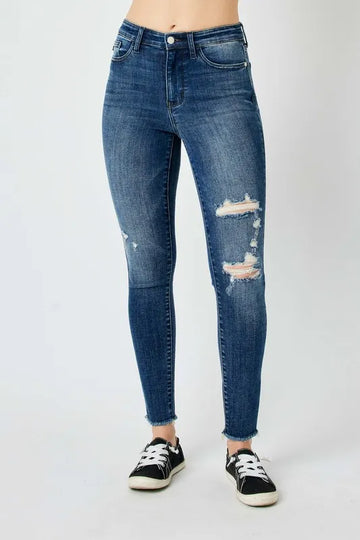 Judy Blue Full Size High Waist Distressed Skinny Jeans Dark / 3/26