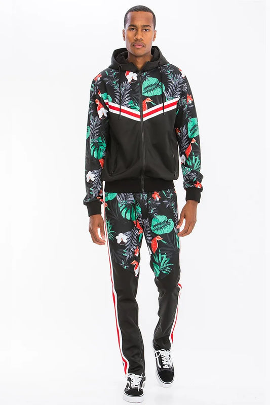 WEIV Men's Tropical Printed Jacket and Drawstring Pants Set