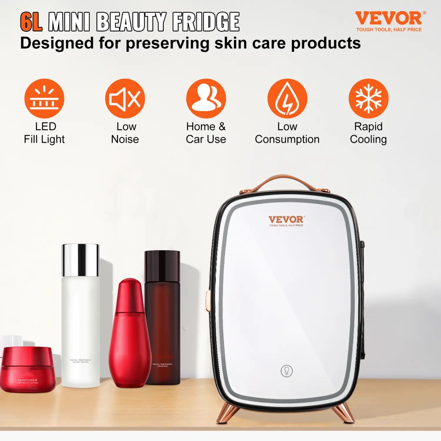 Vevor Mini Fridge 6L Skincare With LED Light And HD Mirror AC DC Makeup Fridges For Skin Care Cosmetic Storage Chill
