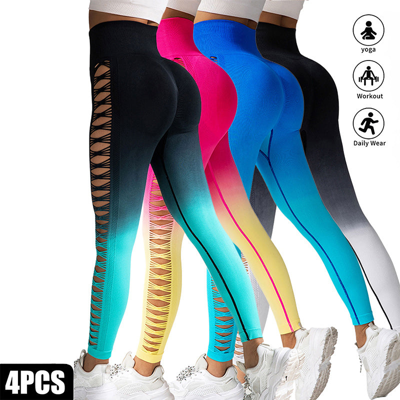 4 Pack Cut Out Ombre Gradient Color Hollow High waist Butt lifting Fitness Women’s Yoga Pants Waist Cutout Ripped Super